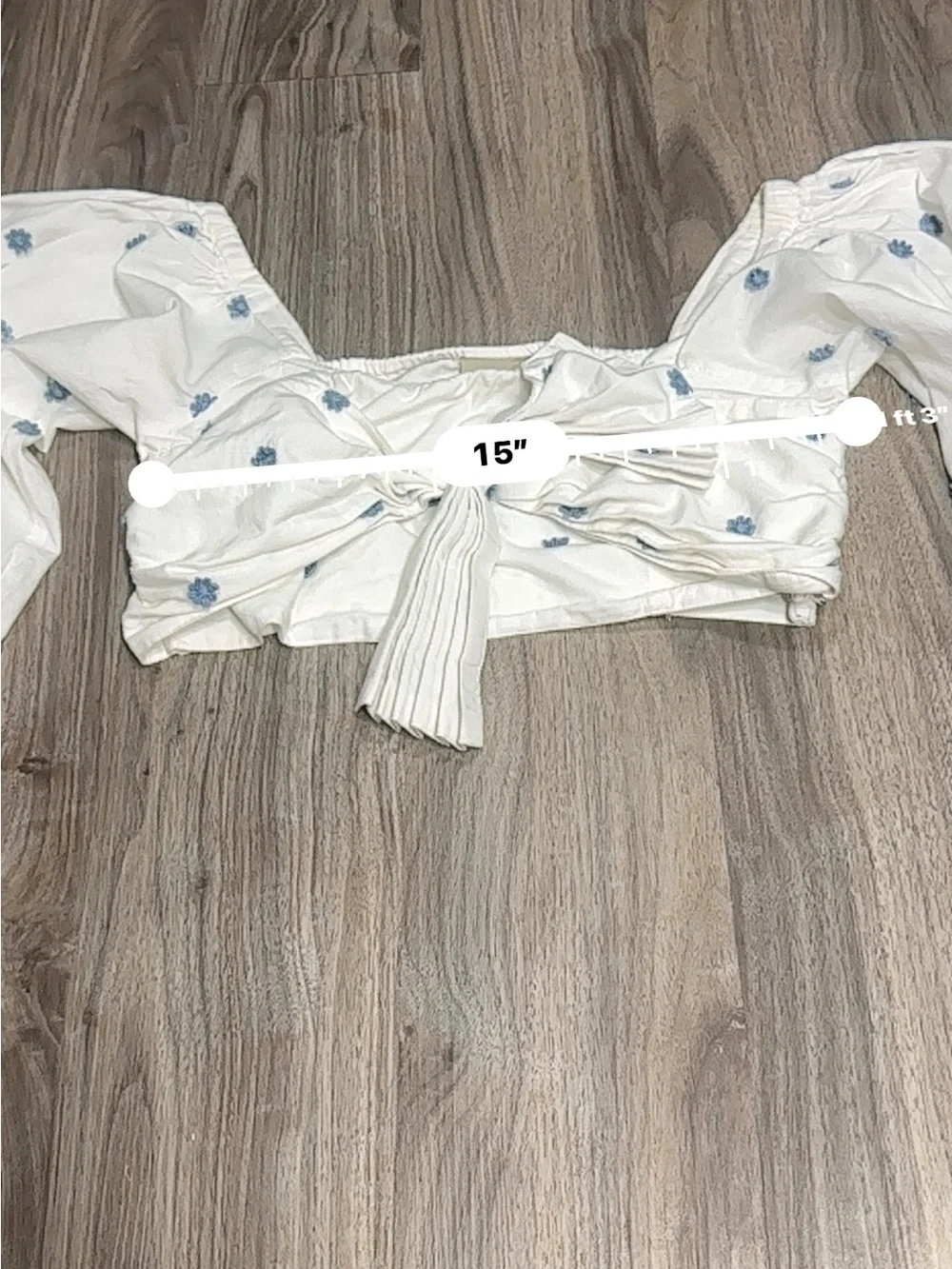 FARM Rio White Puff-Sleeve Crop Top with Blue flowers Print.